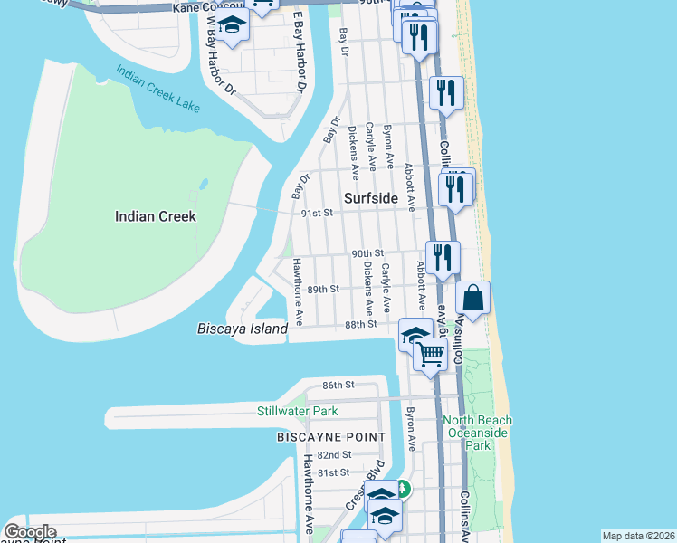map of restaurants, bars, coffee shops, grocery stores, and more near 8911 Froude Avenue in Surfside