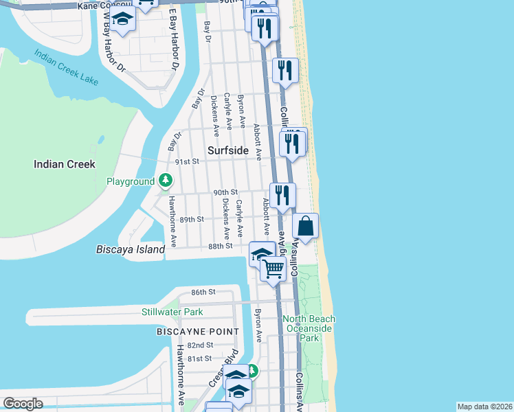 map of restaurants, bars, coffee shops, grocery stores, and more near 8927 Byron Avenue in Surfside