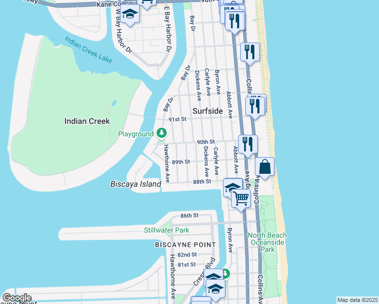 map of restaurants, bars, coffee shops, grocery stores, and more near 8911 Froude Avenue in Surfside