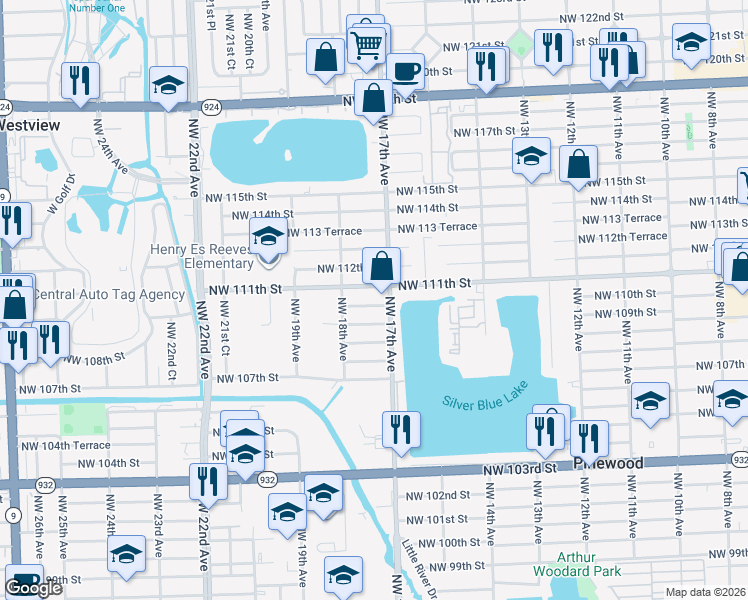 map of restaurants, bars, coffee shops, grocery stores, and more near 1746 Northwest 110th Terrace in Miami