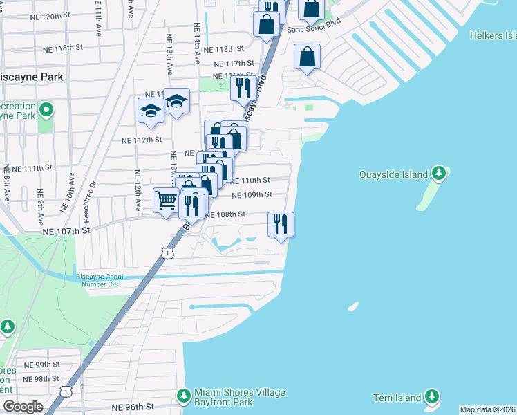 map of restaurants, bars, coffee shops, grocery stores, and more near 1591 Northeast 108th Street in Miami