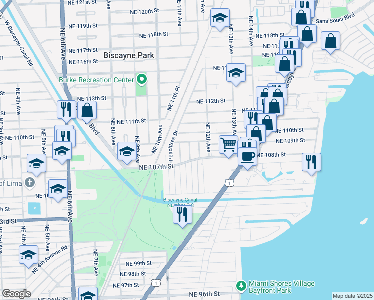 map of restaurants, bars, coffee shops, grocery stores, and more near 10825 Northeast 11th Avenue in Biscayne Park