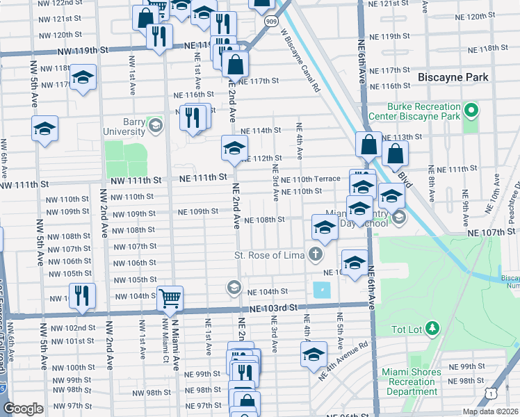 map of restaurants, bars, coffee shops, grocery stores, and more near 231 Northeast 108th Street in Miami