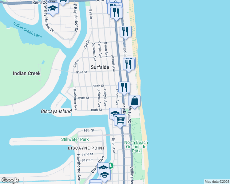 map of restaurants, bars, coffee shops, grocery stores, and more near 8911 Byron Avenue in Surfside