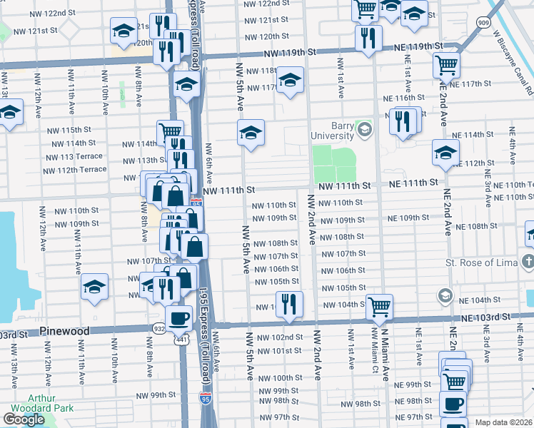 map of restaurants, bars, coffee shops, grocery stores, and more near 450 Northwest 109th Street in Miami