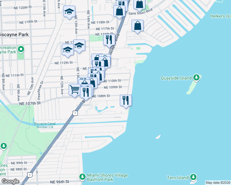 map of restaurants, bars, coffee shops, grocery stores, and more near 1591 Northeast 108th Street in Miami