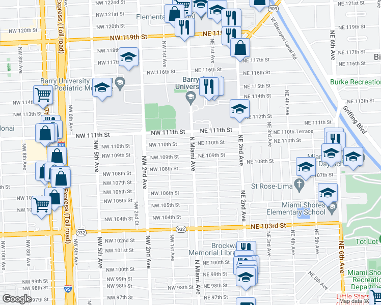 map of restaurants, bars, coffee shops, grocery stores, and more near 7 Northwest 109th Street in Miami Shores