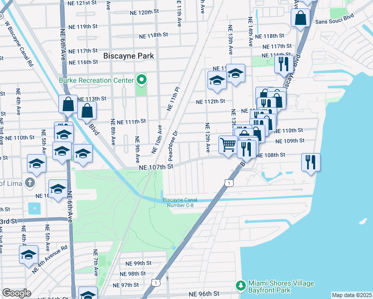 map of restaurants, bars, coffee shops, grocery stores, and more near 10825 Northeast 11th Avenue in Biscayne Park