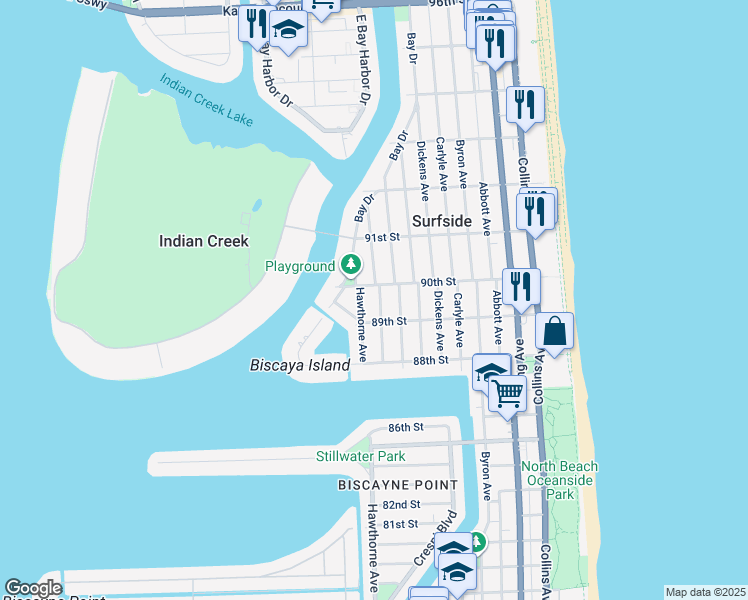 map of restaurants, bars, coffee shops, grocery stores, and more near 8942 Garland Avenue in Surfside