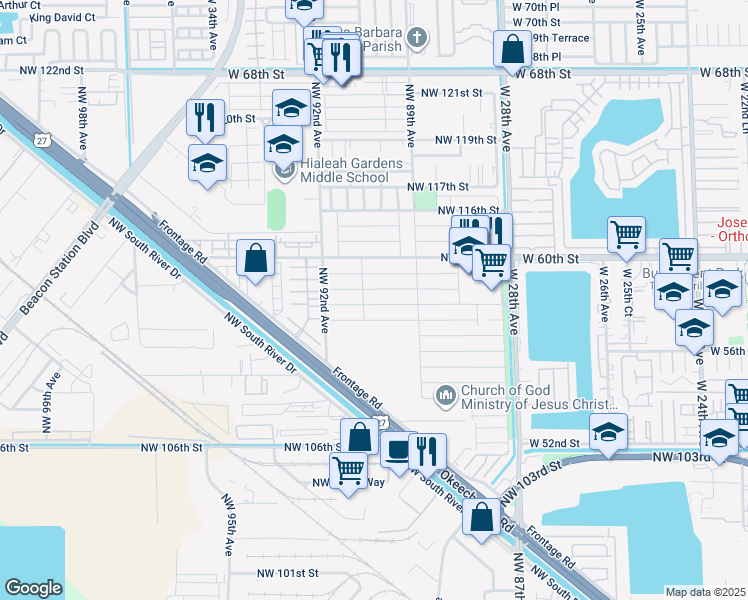 map of restaurants, bars, coffee shops, grocery stores, and more near 8989 Northwest 112th Street in Hialeah Gardens