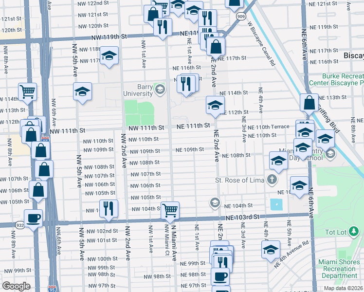 map of restaurants, bars, coffee shops, grocery stores, and more near 14 Northeast 109th Street in Miami