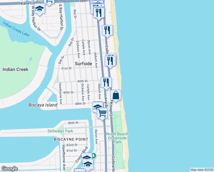 map of restaurants, bars, coffee shops, grocery stores, and more near 8910 Harding Avenue in Surfside