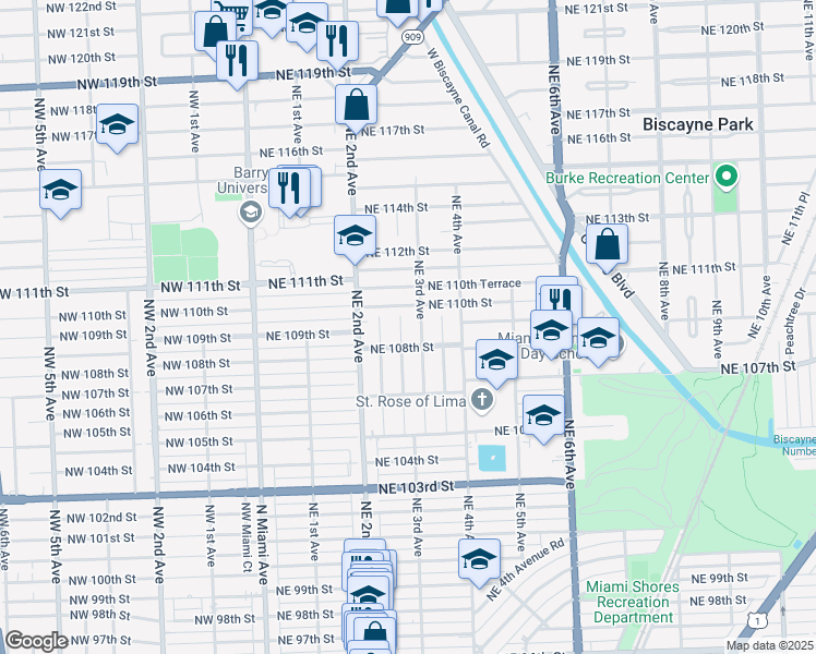 map of restaurants, bars, coffee shops, grocery stores, and more near 297 Northeast 108th Street in Miami
