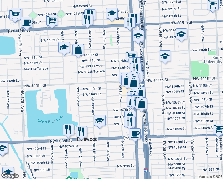 map of restaurants, bars, coffee shops, grocery stores, and more near 10925 Northwest 10th Avenue in Miami