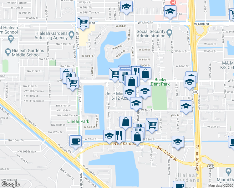 map of restaurants, bars, coffee shops, grocery stores, and more near 5825 West 25th Court in Hialeah