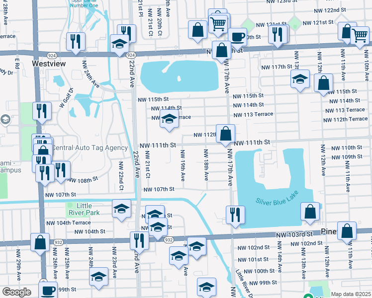 map of restaurants, bars, coffee shops, grocery stores, and more near 11021 Northwest 19th Avenue in Miami