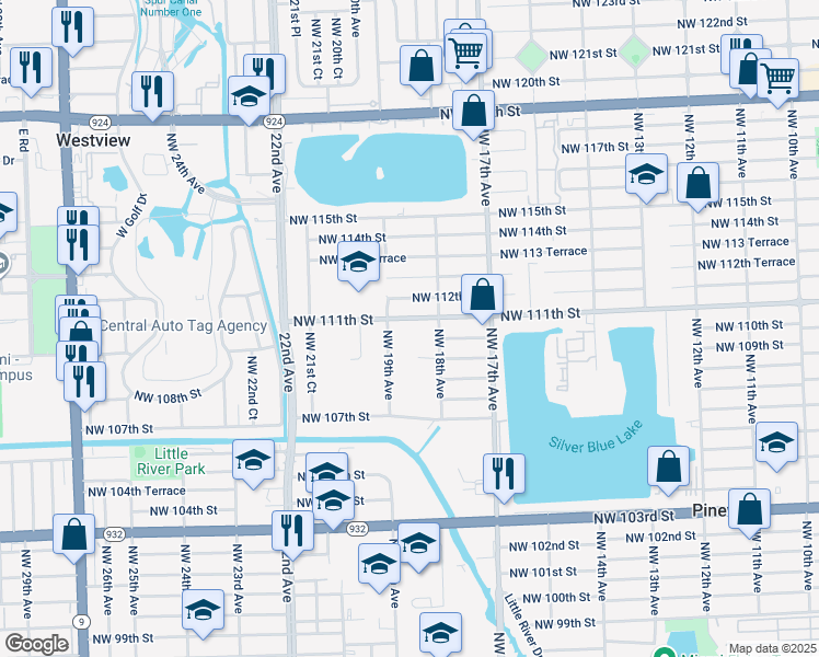 map of restaurants, bars, coffee shops, grocery stores, and more near 11036 Northwest 18th Avenue in Miami