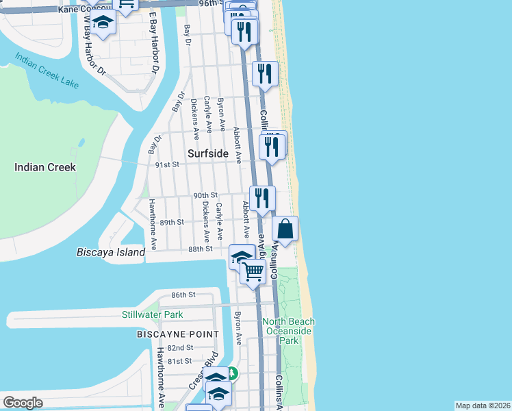 map of restaurants, bars, coffee shops, grocery stores, and more near 8900 Harding Avenue in Surfside