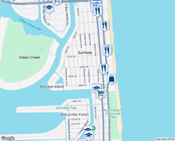 map of restaurants, bars, coffee shops, grocery stores, and more near 8942 Carlyle Avenue in Surfside