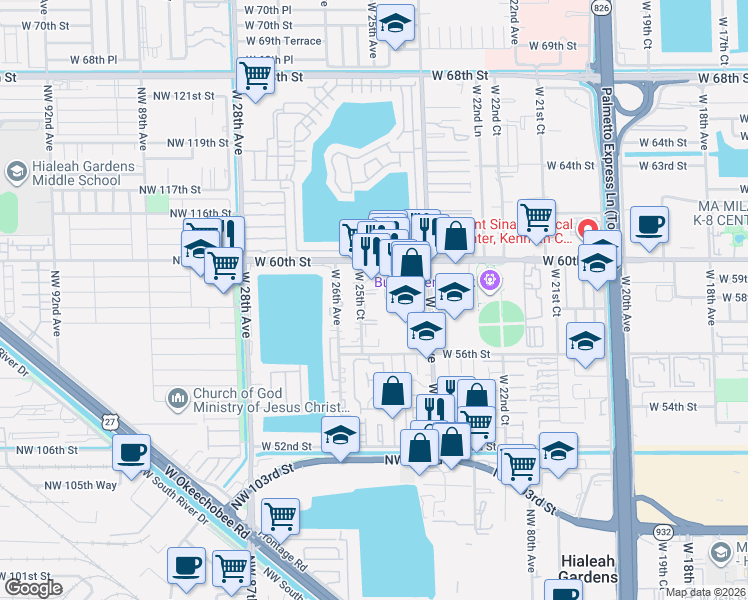 map of restaurants, bars, coffee shops, grocery stores, and more near 5825 West 25th Court in Hialeah