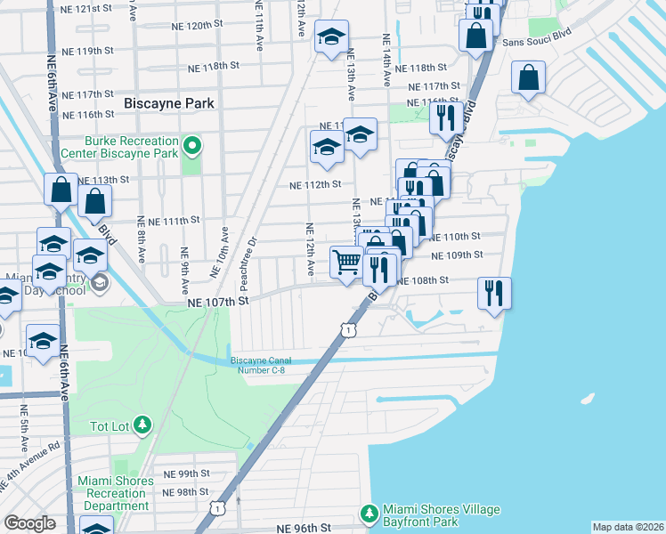 map of restaurants, bars, coffee shops, grocery stores, and more near 1251 Northeast 108th Street in Miami