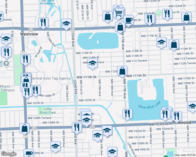 map of restaurants, bars, coffee shops, grocery stores, and more near 11021 Northwest 19th Avenue in Miami