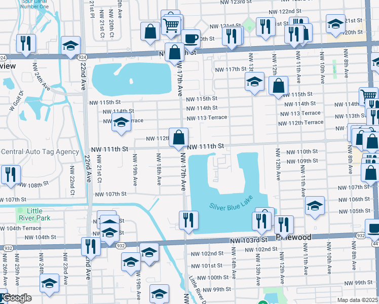 map of restaurants, bars, coffee shops, grocery stores, and more near 11015 Northwest 17th Avenue in Miami
