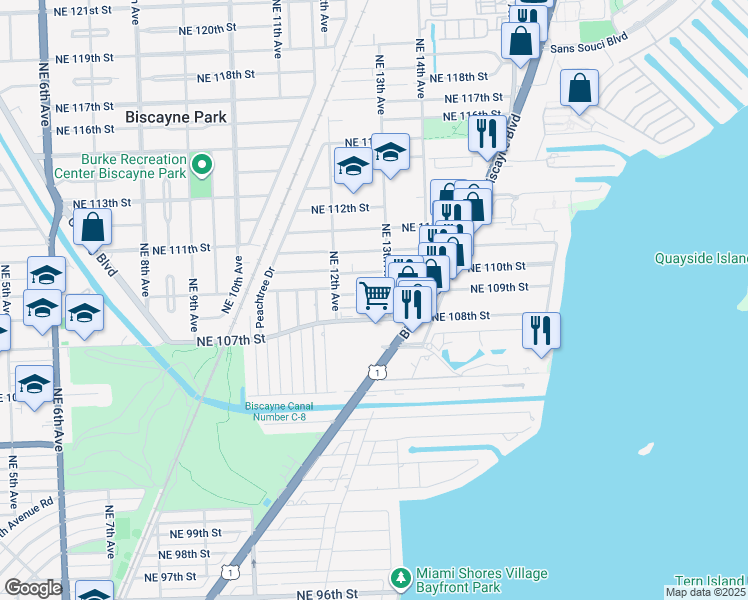 map of restaurants, bars, coffee shops, grocery stores, and more near 1251 Northeast 108th Street in Miami