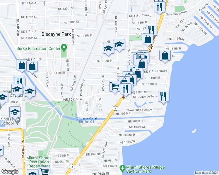 map of restaurants, bars, coffee shops, grocery stores, and more near 1171 Northeast 108th Street in Miami