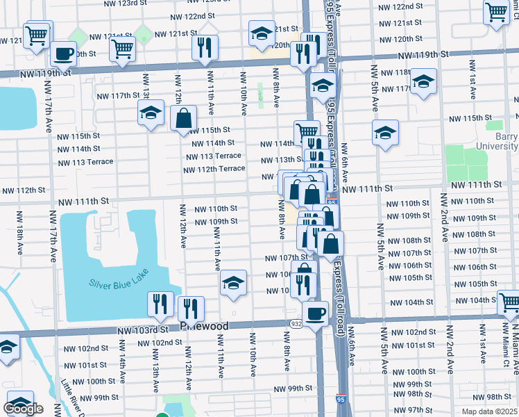 map of restaurants, bars, coffee shops, grocery stores, and more near 10925 Northwest 10th Avenue in Miami