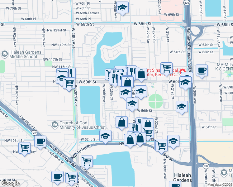 map of restaurants, bars, coffee shops, grocery stores, and more near 5825 West 25th Court in Hialeah