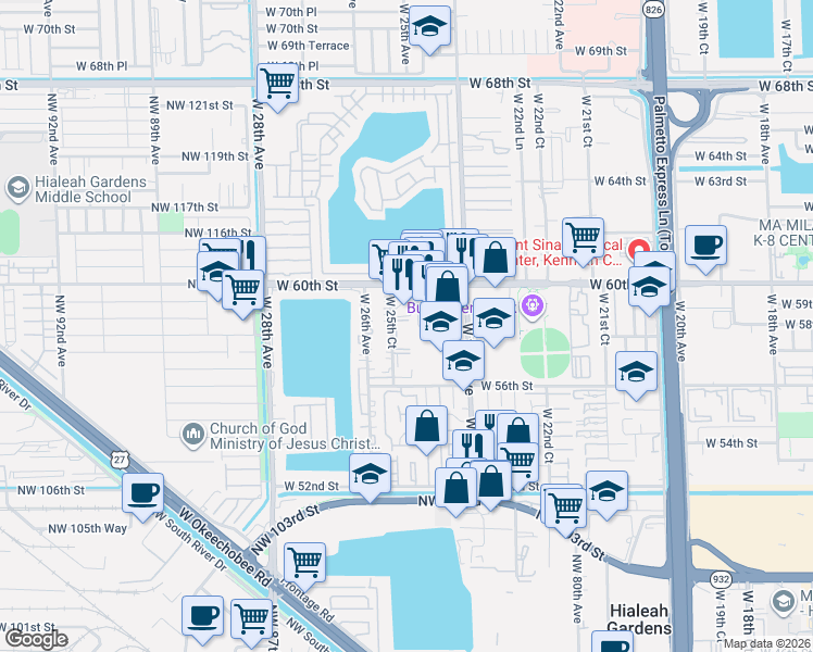 map of restaurants, bars, coffee shops, grocery stores, and more near 5825 West 25th Court in Hialeah