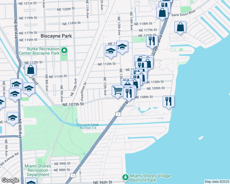 map of restaurants, bars, coffee shops, grocery stores, and more near 1258 Northeast 109th Street in Miami