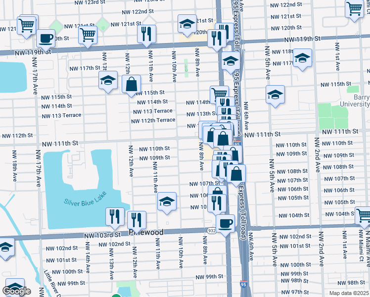 map of restaurants, bars, coffee shops, grocery stores, and more near 10925 Northwest 10th Avenue in Miami