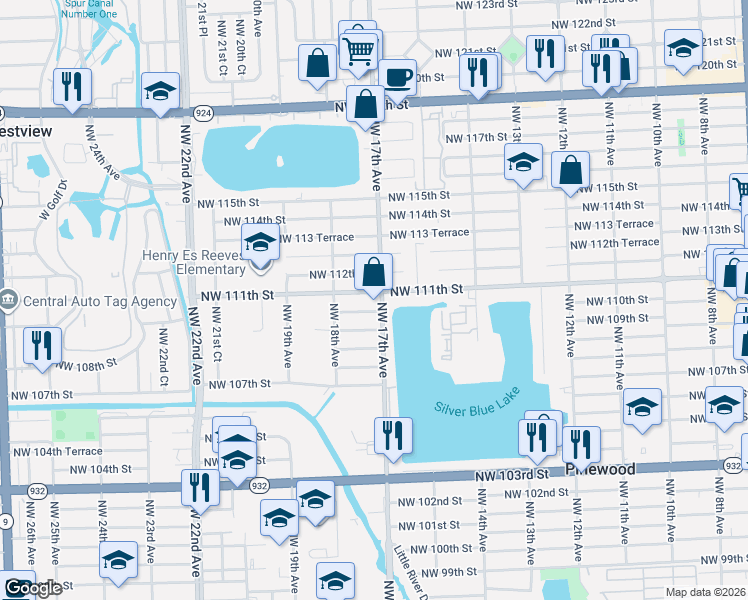 map of restaurants, bars, coffee shops, grocery stores, and more near 11015 Northwest 17th Avenue in Miami