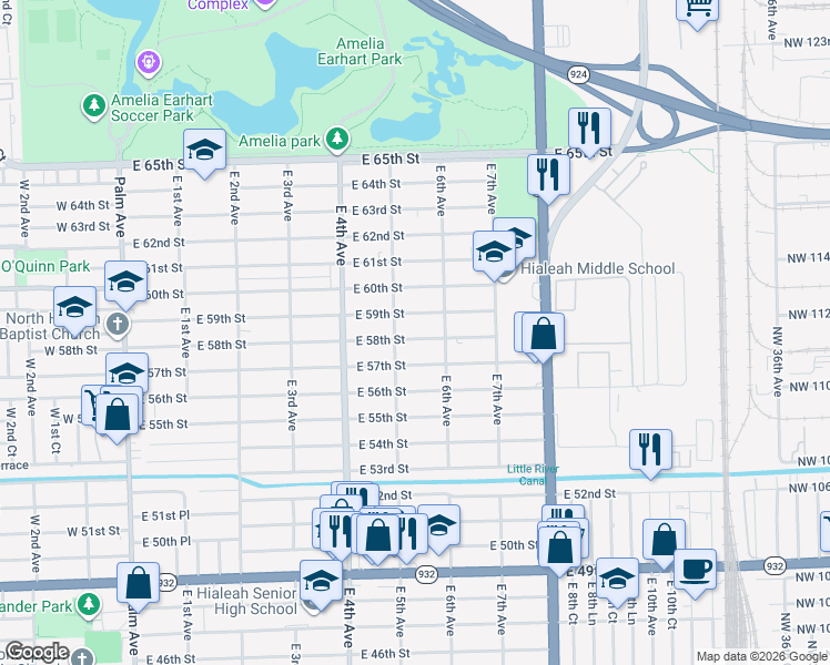 map of restaurants, bars, coffee shops, grocery stores, and more near 520 East 58th Street in Hialeah