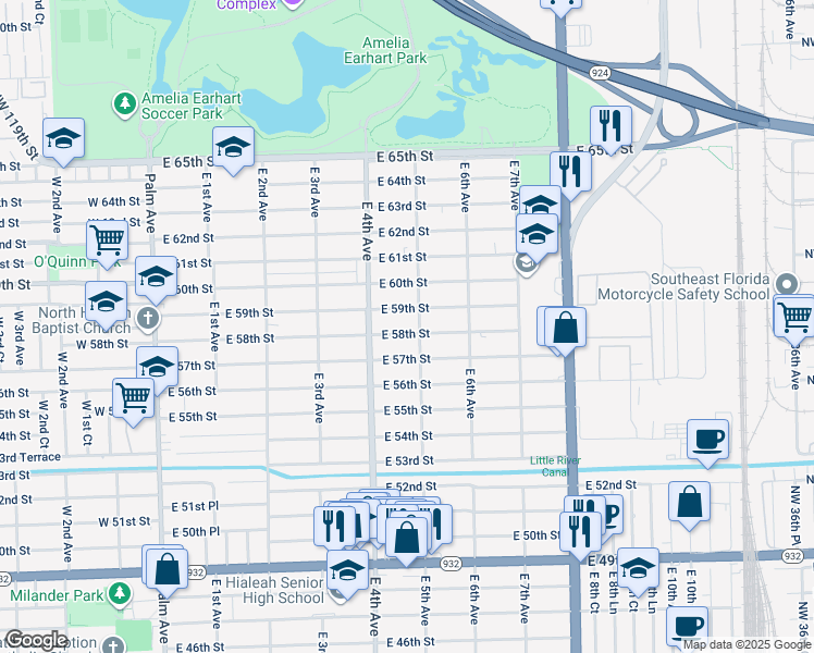 map of restaurants, bars, coffee shops, grocery stores, and more near 440 East 58th Street in Hialeah