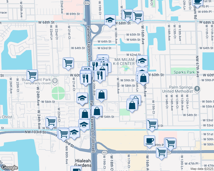 map of restaurants, bars, coffee shops, grocery stores, and more near 1885 West 56th Street in Hialeah