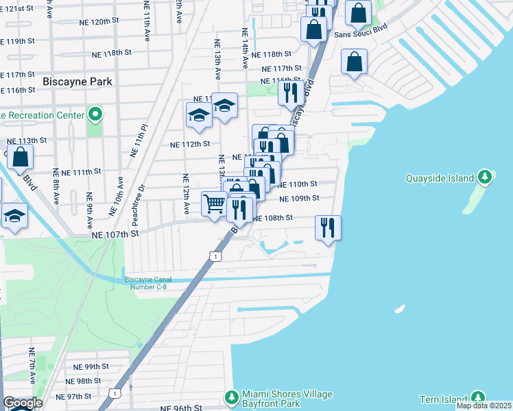 map of restaurants, bars, coffee shops, grocery stores, and more near 10823 Biscayne Boulevard in Miami