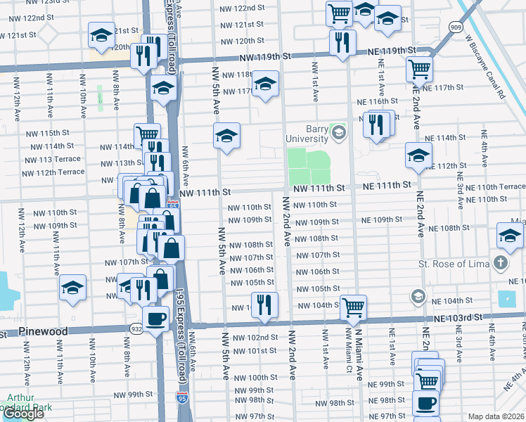 map of restaurants, bars, coffee shops, grocery stores, and more near 270 Northwest 109th Street in Miami