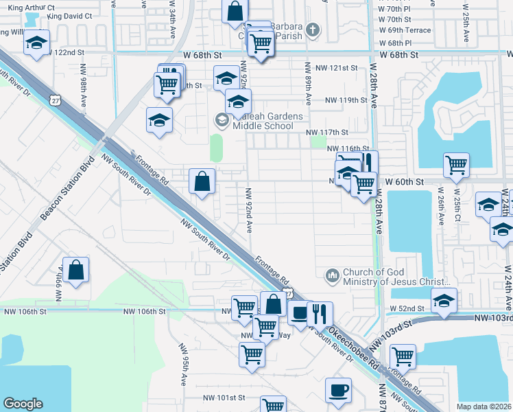 map of restaurants, bars, coffee shops, grocery stores, and more near 10925 Northwest 92nd Avenue in Hialeah Gardens