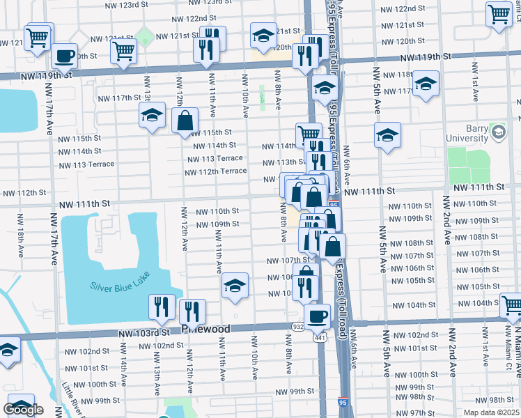map of restaurants, bars, coffee shops, grocery stores, and more near 10925 Northwest 10th Avenue in Miami