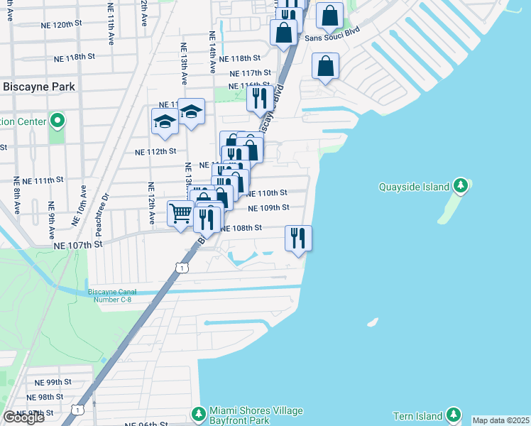 map of restaurants, bars, coffee shops, grocery stores, and more near 1491 Northeast 108th Street in Miami
