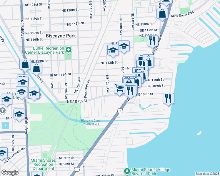 map of restaurants, bars, coffee shops, grocery stores, and more near 1171 Northeast 108th Street in Miami
