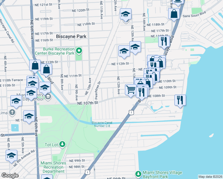 map of restaurants, bars, coffee shops, grocery stores, and more near 10825 Northeast 11th Avenue in Biscayne Park