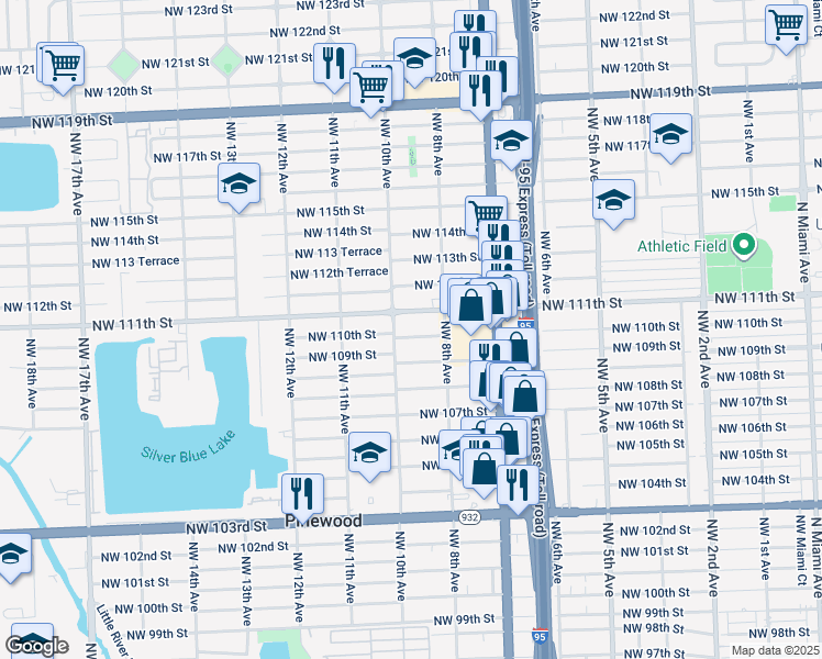map of restaurants, bars, coffee shops, grocery stores, and more near 10925 Northwest 10th Avenue in Miami