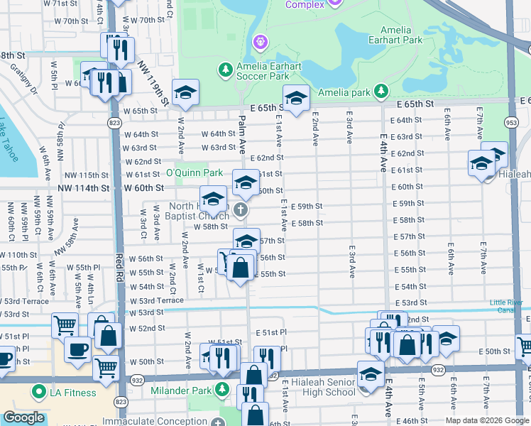 map of restaurants, bars, coffee shops, grocery stores, and more near 80 East 58th Street in Hialeah