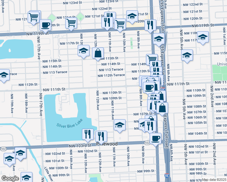 map of restaurants, bars, coffee shops, grocery stores, and more near 1063 Northwest 109th Street in Miami