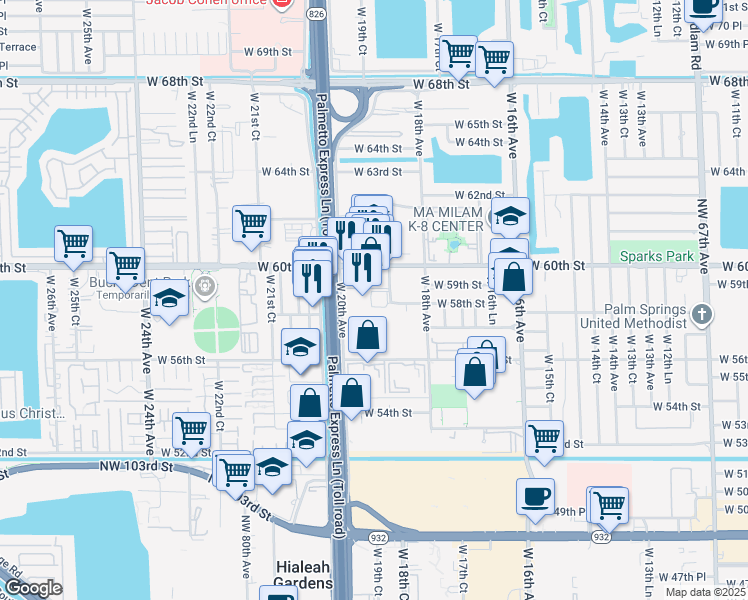 map of restaurants, bars, coffee shops, grocery stores, and more near 5775 West 20th Avenue in Hialeah