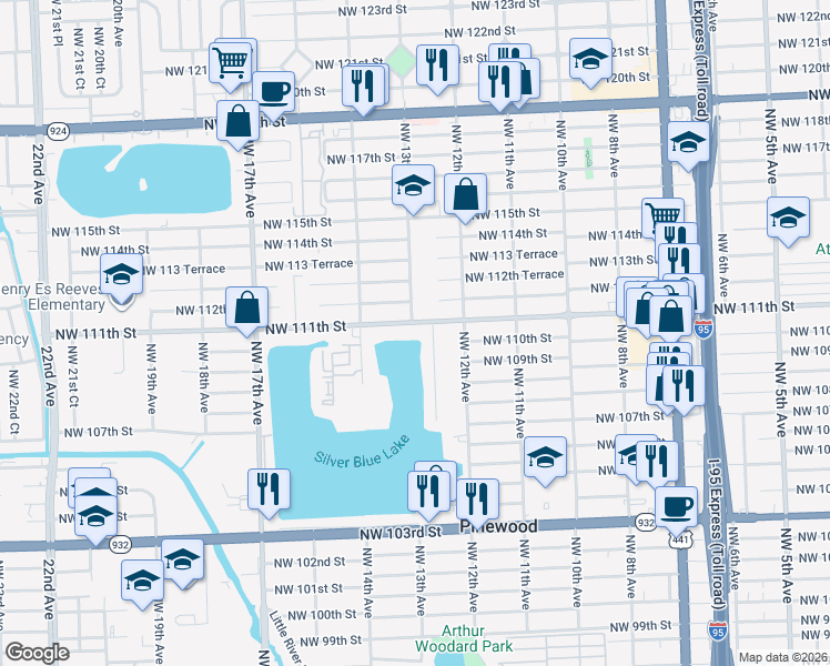 map of restaurants, bars, coffee shops, grocery stores, and more near 10930 Northwest 12th Court in Miami